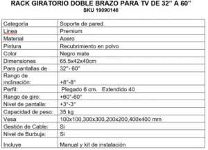 RACK GIRATORIO DOBLE BRAZO PARA TV DE 32"  A 60" - Imagen 3